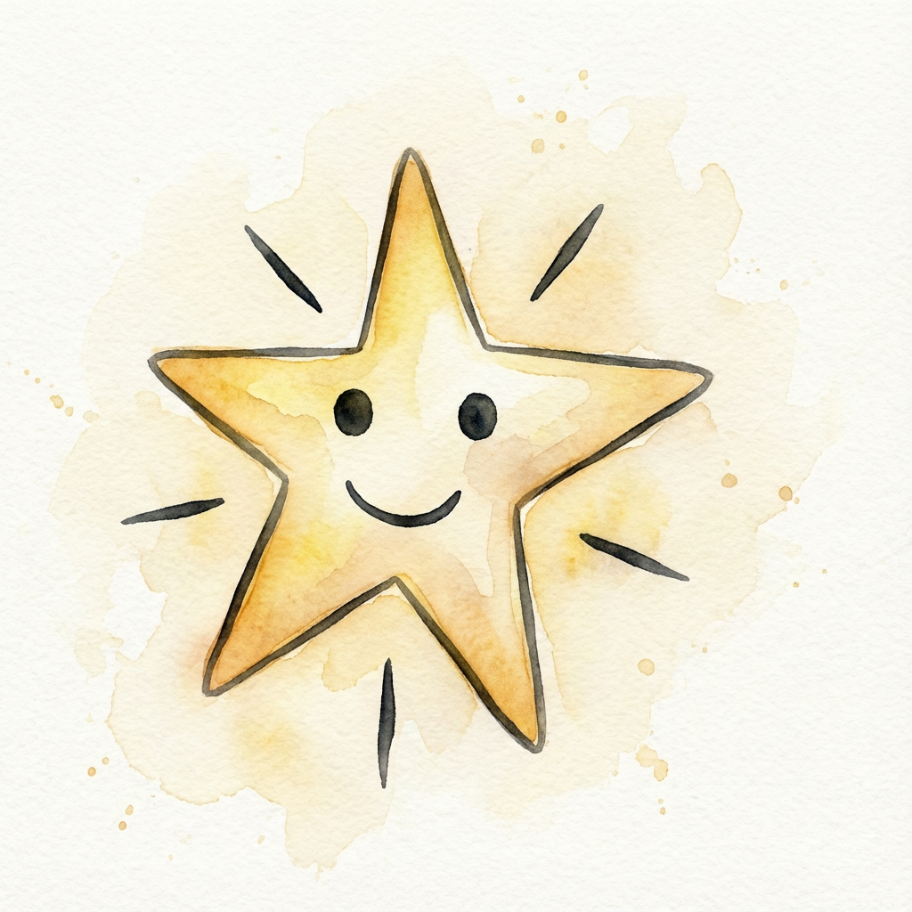 AI image generated of A cheerful five-point star with a cute smiling face and little rays radiating around it.