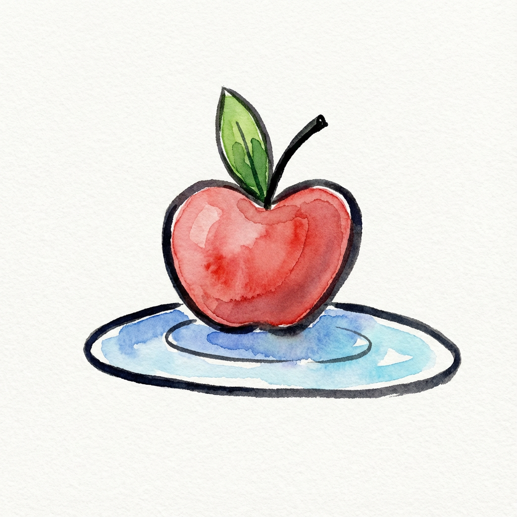 AI image generated of A pinkish-red apple with a green stem sits on a white plate accented with blue.