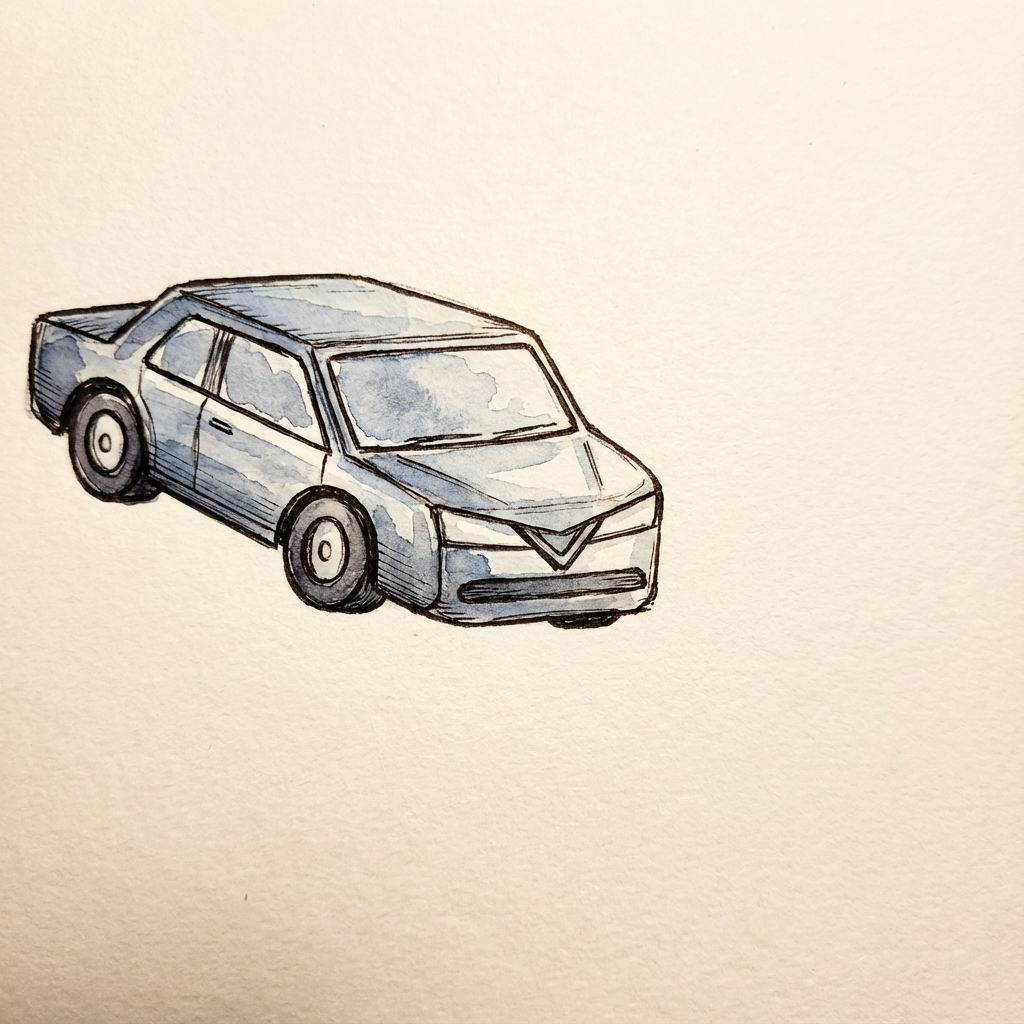 AI image generated of A rough, cartoonish car drawn in a three-quarter view with four wheels and a small heart on the front bumper.