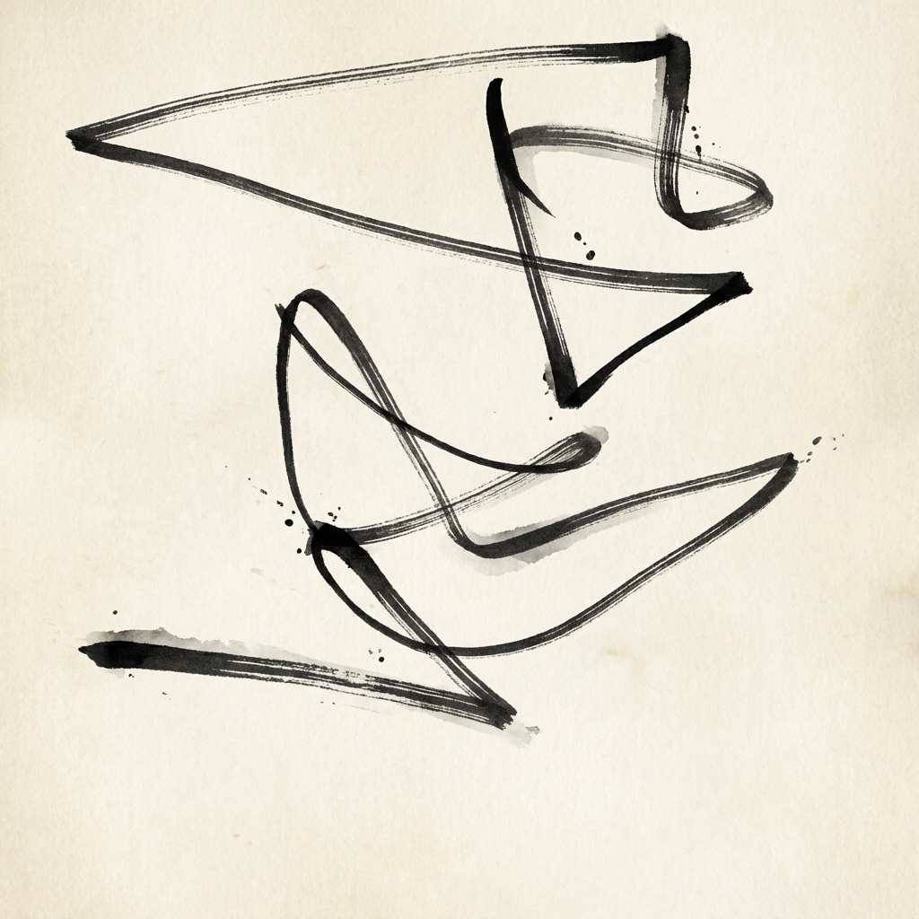 AI image generated of An abstract, freehand doodle of bold black lines looping and intersecting into a chaotic spiral with triangular elements.