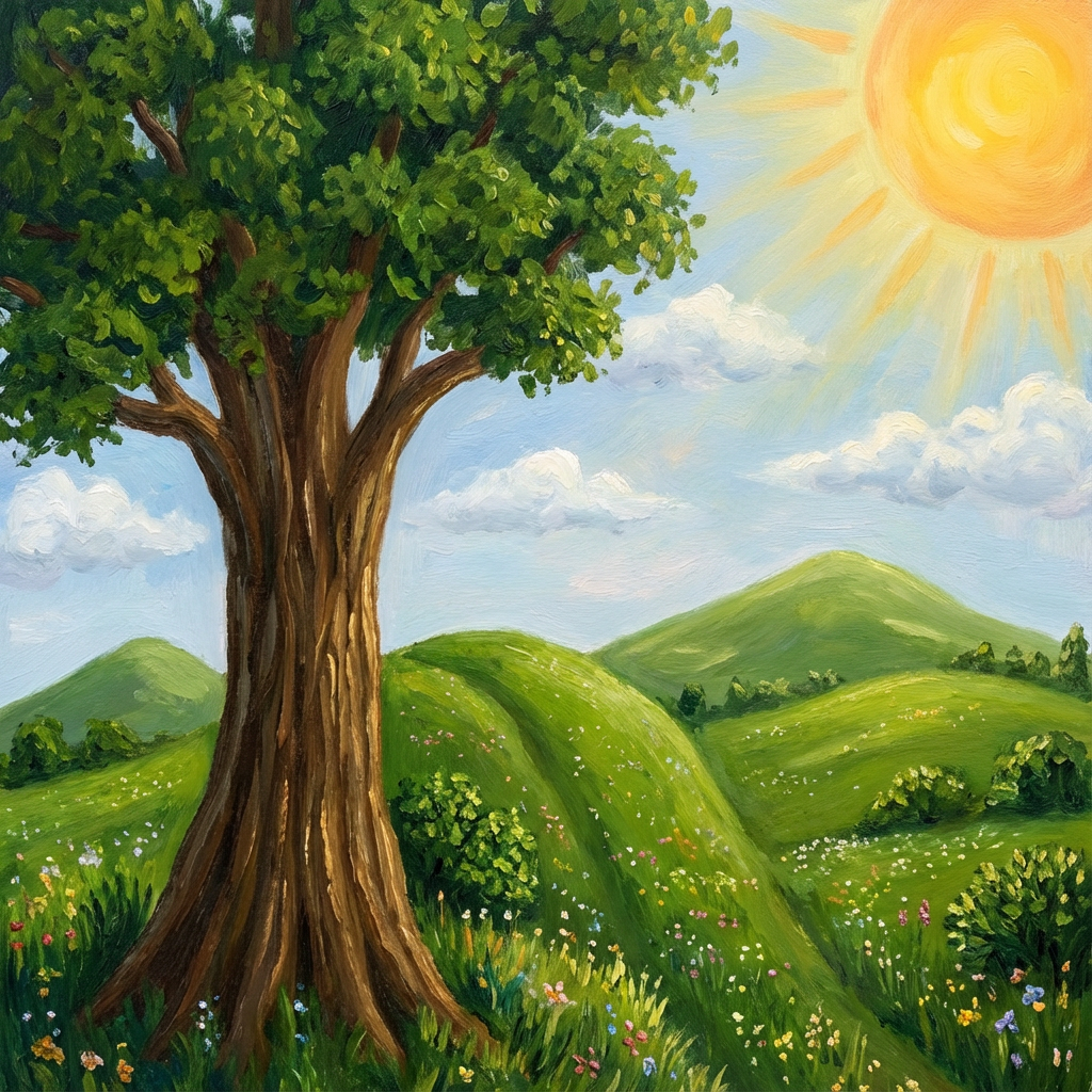 AI image generated of A simple black-and-white landscape featuring two trees in the foreground, a winding path or river, and a dotted hill in the background.