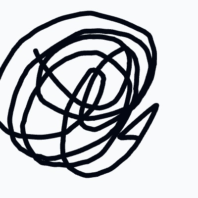 An abstract, thick black spiral doodle made of overlapping circular loops.